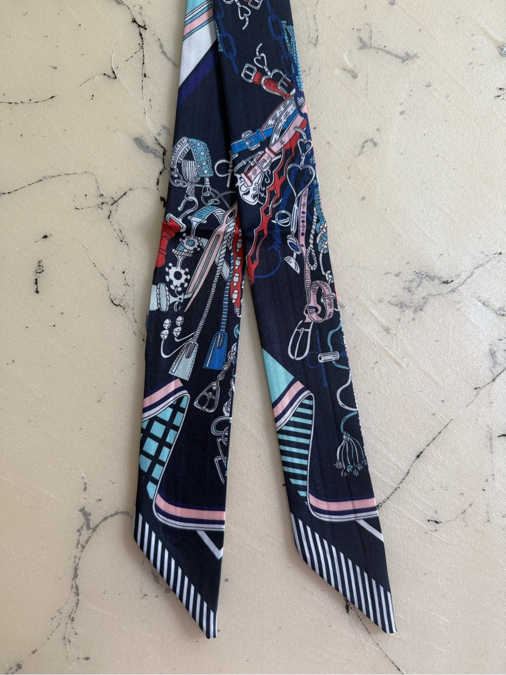 Twilly Navy Scarf with Charm Motif Luxury Bag Accessory